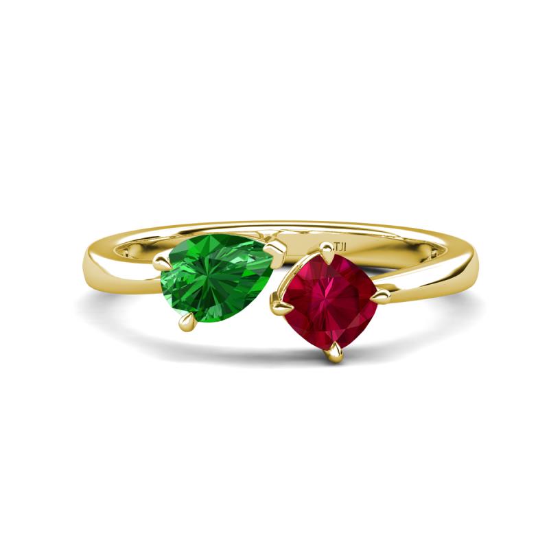 Lysha 1.61 ctw Green Garnet Pear Shape (7x5 mm) & Lab Created Ruby Cushion Shape (5.00 mm) Toi Et Moi Engagement Ring 