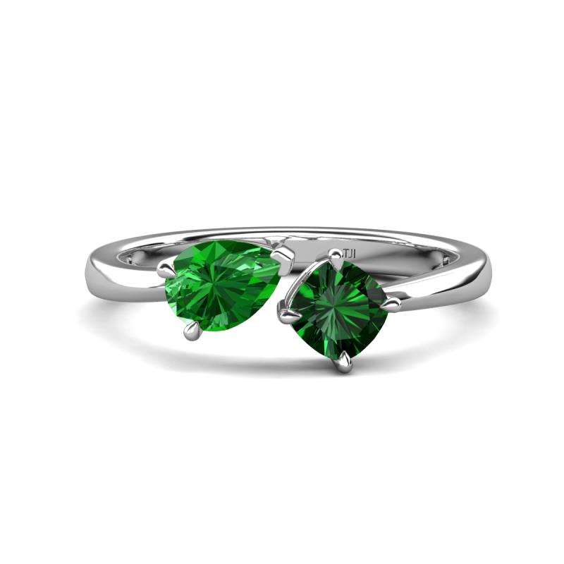 Lysha 1.35 ctw Green Garnet Pear Shape (7x5 mm) & Lab Created Emerald Cushion Shape (5.00 mm) Toi Et Moi Engagement Ring 