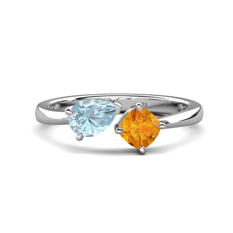 Lysha 1.10 ctw Aquamarine Pear Shape (7x5 mm) & Citrine Cushion Shape (5.00 mm) Toi Et Moi Engagement Ring 