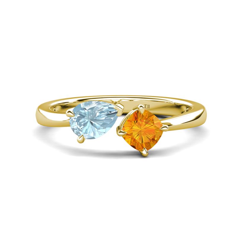 Lysha 1.10 ctw Aquamarine Pear Shape (7x5 mm) & Citrine Cushion Shape (5.00 mm) Toi Et Moi Engagement Ring 
