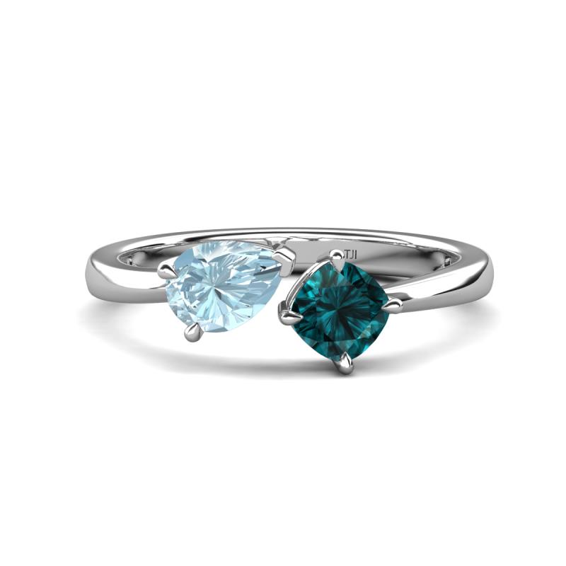 Lysha 1.35 ctw Aquamarine Pear Shape (7x5 mm) & London Blue Topaz Cushion Shape (5.00 mm) Toi Et Moi Engagement Ring 