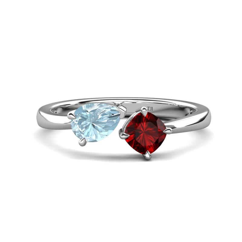Lysha 1.35 ctw Aquamarine Pear Shape (7x5 mm) & Red Garnet Cushion Shape (5.00 mm) Toi Et Moi Engagement Ring 