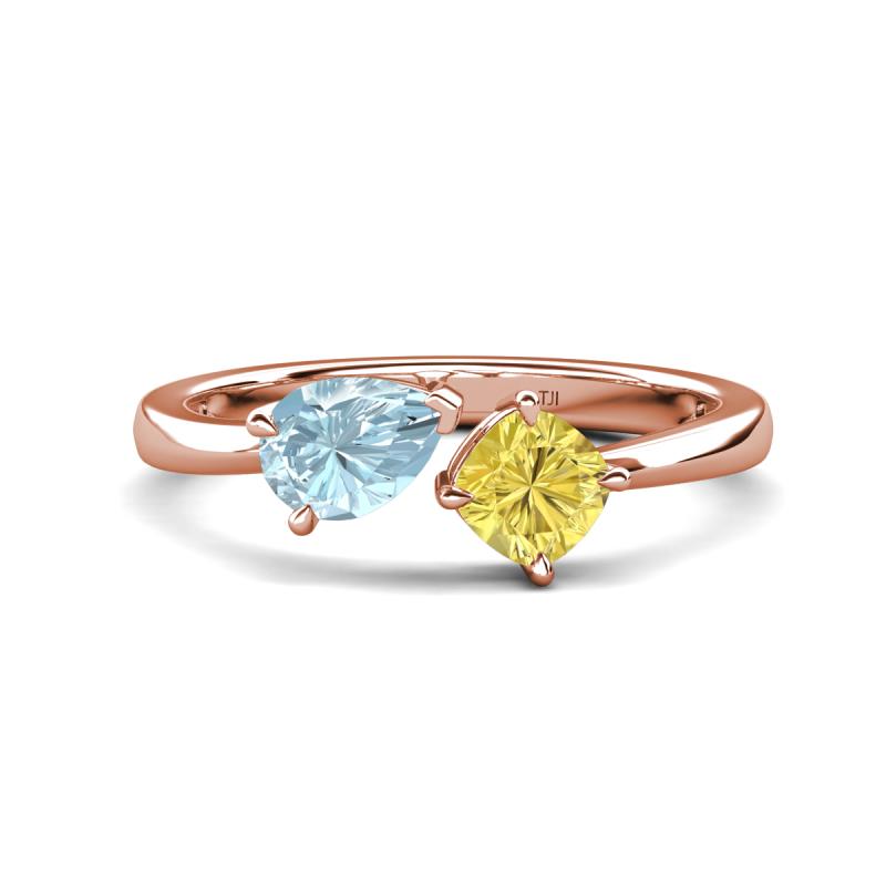 Lysha 1.41 ctw Aquamarine Pear Shape (7x5 mm) & Lab Created Yellow Sapphire Cushion Shape (5.00 mm) Toi Et Moi Engagement Ring 