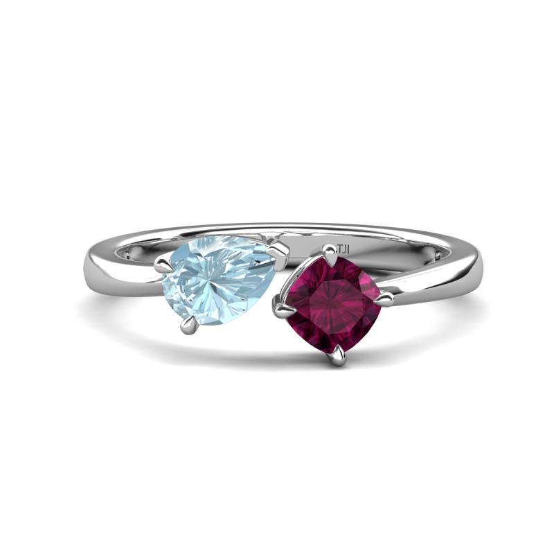 Lysha 1.22 ctw Aquamarine Pear Shape (7x5 mm) & Rhodolite Garnet Cushion Shape (5.00 mm) Toi Et Moi Engagement Ring 