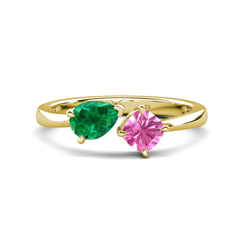 Lysha 1.61 ctw Emerald Pear Shape (7x5 mm) & Lab Created Pink Sapphire Cushion Shape (5.00 mm) Toi Et Moi Engagement Ring 