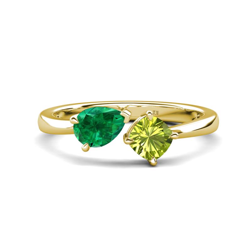 Lysha 1.45 ctw Emerald Pear Shape (7x5 mm) & Peridot Cushion Shape (5.00 mm) Toi Et Moi Engagement Ring 