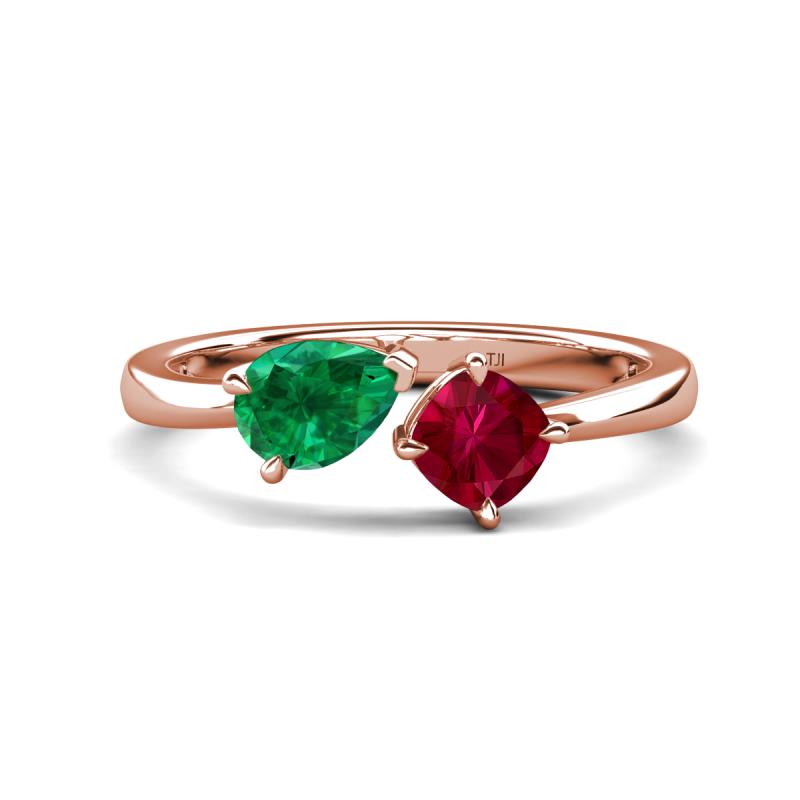 Lysha 1.61 ctw Emerald Pear Shape (7x5 mm) & Lab Created Ruby Cushion Shape (5.00 mm) Toi Et Moi Engagement Ring 