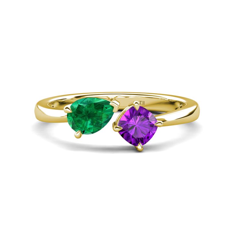 Lysha 1.30 ctw Emerald Pear Shape (7x5 mm) & Amethyst Cushion Shape (5.00 mm) Toi Et Moi Engagement Ring 