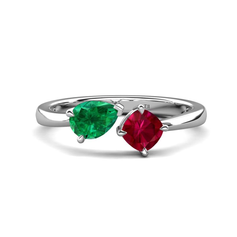 Lysha 1.61 ctw Emerald Pear Shape (7x5 mm) & Lab Created Ruby Cushion Shape (5.00 mm) Toi Et Moi Engagement Ring 