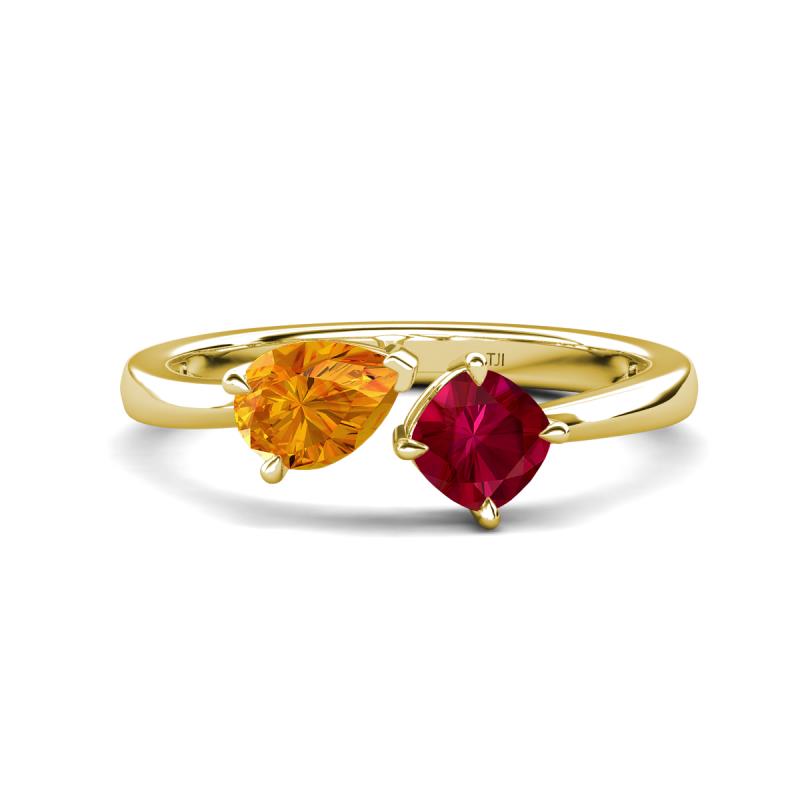 Lysha 1.46 ctw Citrine Pear Shape (7x5 mm) & Lab Created Ruby Cushion Shape (5.00 mm) Toi Et Moi Engagement Ring 