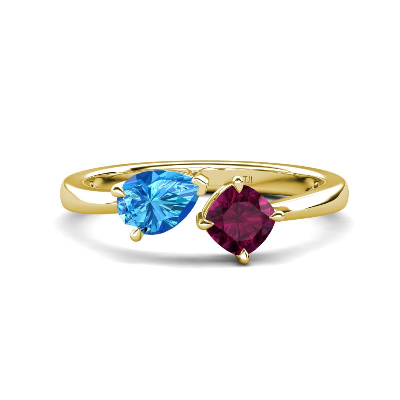 Lysha 1.47 ctw Blue Topaz Pear Shape (7x5 mm) & Rhodolite Garnet Cushion Shape (5.00 mm) Toi Et Moi Engagement Ring 