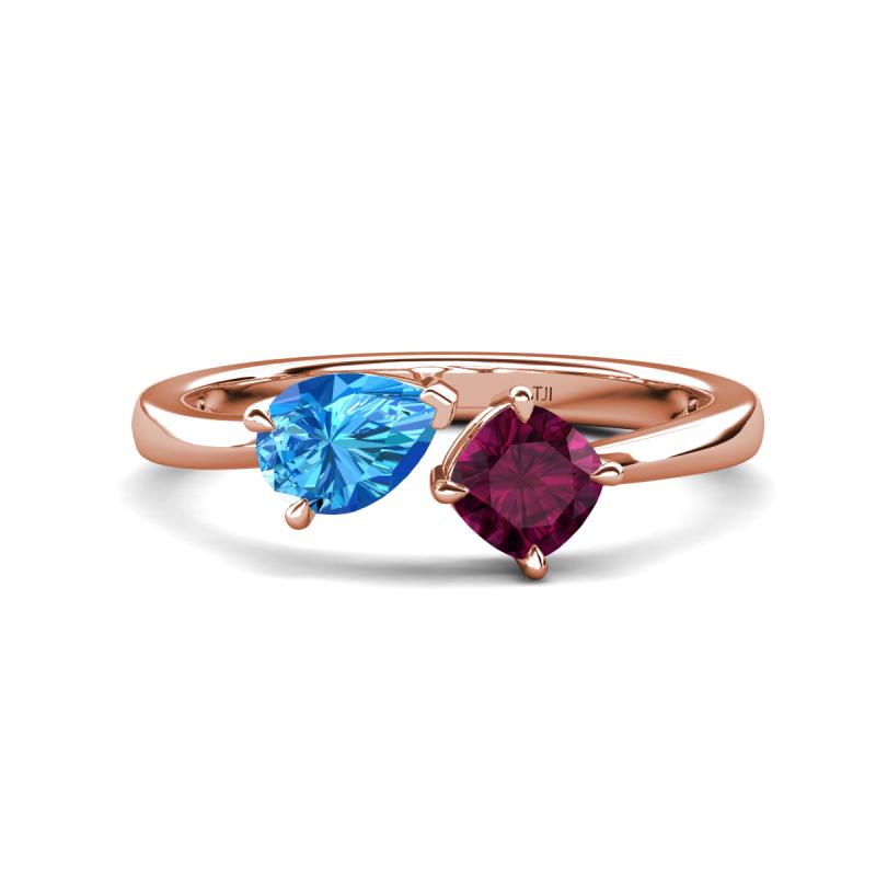 Lysha 1.47 ctw Blue Topaz Pear Shape (7x5 mm) & Rhodolite Garnet Cushion Shape (5.00 mm) Toi Et Moi Engagement Ring 