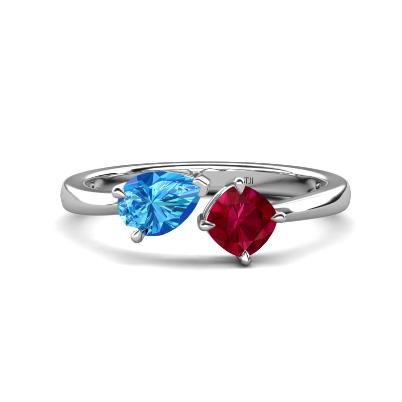 Lysha 1.66 ctw Blue Topaz Pear Shape (7x5 mm) & Lab Created Ruby Cushion Shape (5.00 mm) Toi Et Moi Engagement Ring 