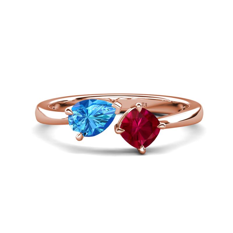 Lysha 1.66 ctw Blue Topaz Pear Shape (7x5 mm) & Lab Created Ruby Cushion Shape (5.00 mm) Toi Et Moi Engagement Ring 
