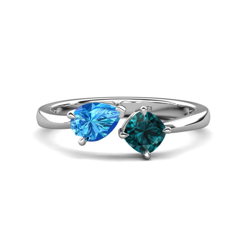 Lysha 1.60 ctw Blue Topaz Pear Shape (7x5 mm) & London Blue Topaz Cushion Shape (5.00 mm) Toi Et Moi Engagement Ring 