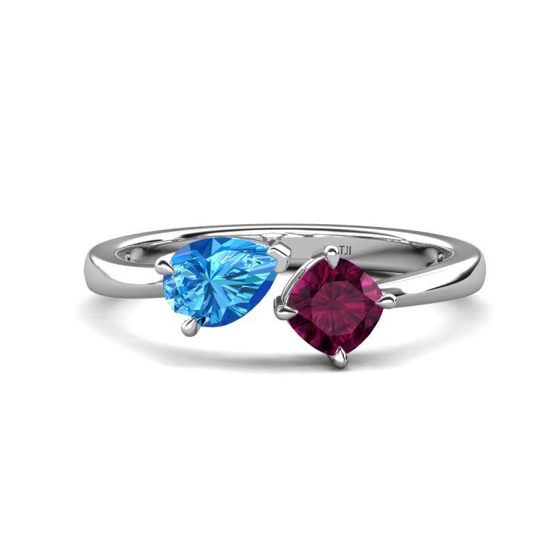 Lysha 1.47 ctw Blue Topaz Pear Shape (7x5 mm) & Rhodolite Garnet Cushion Shape (5.00 mm) Toi Et Moi Engagement Ring 