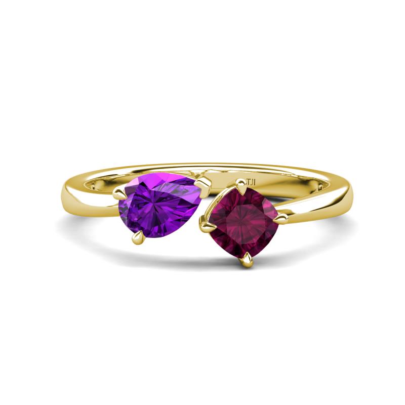 Lysha 1.27 ctw Amethyst Pear Shape (7x5 mm) & Rhodolite Garnet Cushion Shape (5.00 mm) Toi Et Moi Engagement Ring 