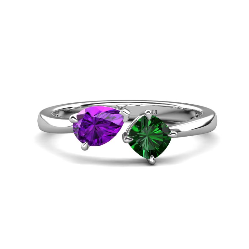 Lysha 1.20 ctw Amethyst Pear Shape (7x5 mm) & Lab Created Emerald Cushion Shape (5.00 mm) Toi Et Moi Engagement Ring 