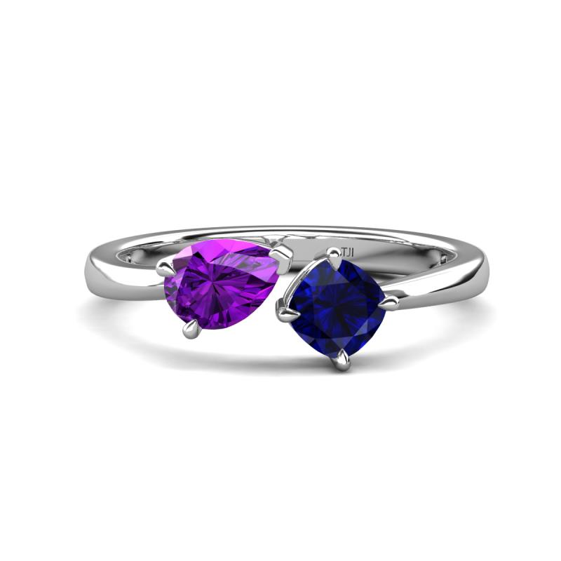 Lysha 1.46 ctw Amethyst Pear Shape (7x5 mm) & Lab Created Blue Sapphire Cushion Shape (5.00 mm) Toi Et Moi Engagement Ring 