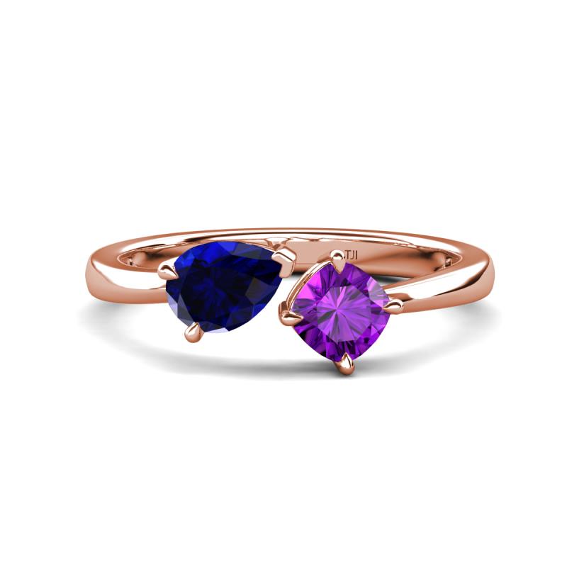 Lysha 1.40 ctw Blue Sapphire Pear Shape (7x5 mm) & Amethyst Cushion Shape (5.00 mm) Toi Et Moi Engagement Ring 
