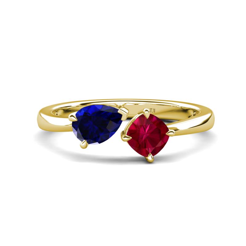 Lysha 1.71 ctw Blue Sapphire Pear Shape (7x5 mm) & Lab Created Ruby Cushion Shape (5.00 mm) Toi Et Moi Engagement Ring 