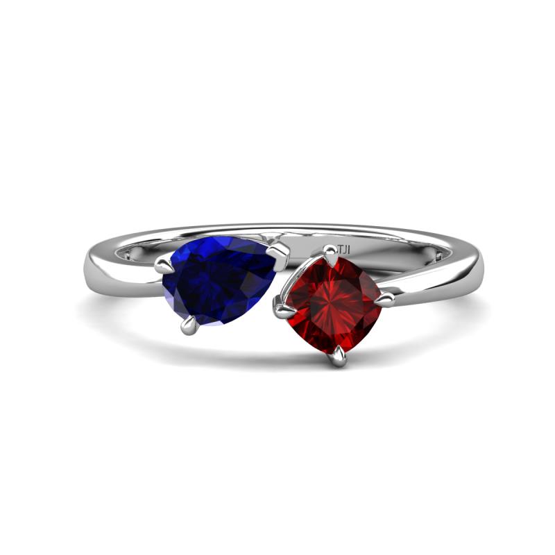 Lysha 1.65 ctw Blue Sapphire Pear Shape (7x5 mm) & Red Garnet Cushion Shape (5.00 mm) Toi Et Moi Engagement Ring 