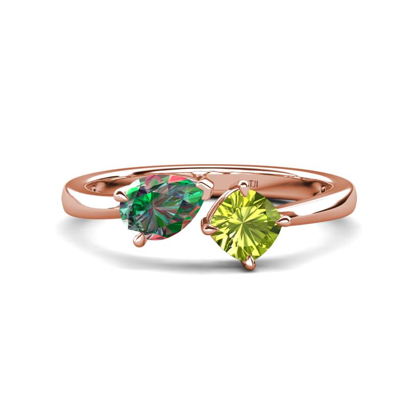 Lysha 1.51 ctw Lab Created Alexandrite Pear Shape (7x5 mm) & Peridot Cushion Shape (5.00 mm) Toi Et Moi Engagement Ring 