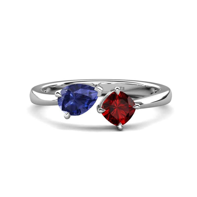 Lysha 1.35 ctw Iolite Pear Shape (7x5 mm) & Red Garnet Cushion Shape (5.00 mm) Toi Et Moi Engagement Ring 