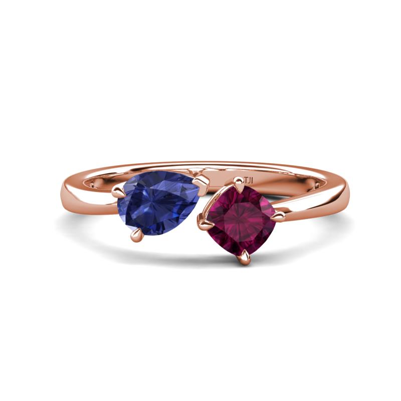 Lysha 1.22 ctw Iolite Pear Shape (7x5 mm) & Rhodolite Garnet Cushion Shape (5.00 mm) Toi Et Moi Engagement Ring 