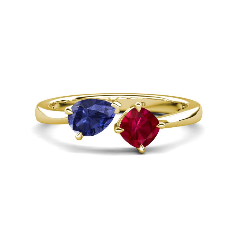 Lysha 1.41 ctw Iolite Pear Shape (7x5 mm) & Lab Created Ruby Cushion Shape (5.00 mm) Toi Et Moi Engagement Ring 