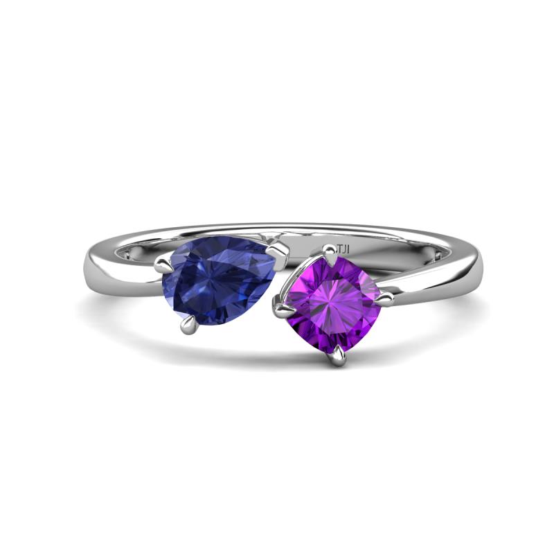 Lysha 1.10 ctw Iolite Pear Shape (7x5 mm) & Amethyst Cushion Shape (5.00 mm) Toi Et Moi Engagement Ring 