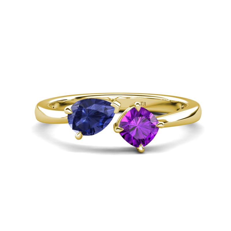 Lysha 1.10 ctw Iolite Pear Shape (7x5 mm) & Amethyst Cushion Shape (5.00 mm) Toi Et Moi Engagement Ring 