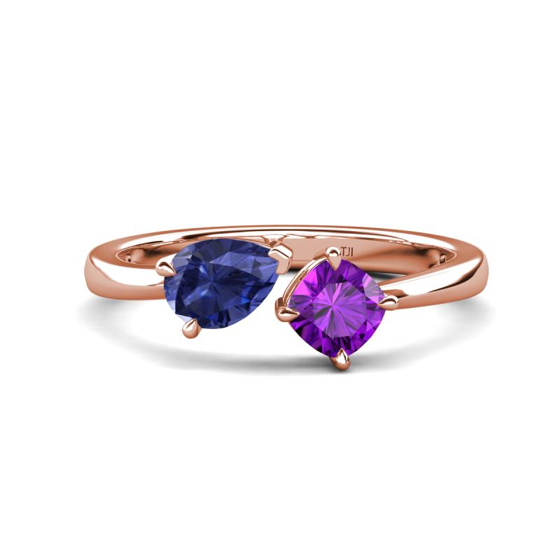 Lysha 1.10 ctw Iolite Pear Shape (7x5 mm) & Amethyst Cushion Shape (5.00 mm) Toi Et Moi Engagement Ring 