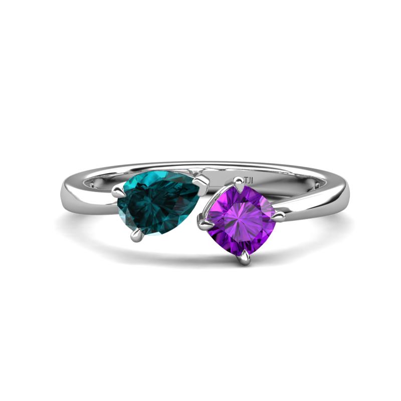 Lysha 1.35 ctw London Blue Topaz Pear Shape (7x5 mm) & Amethyst Cushion Shape (5.00 mm) Toi Et Moi Engagement Ring 