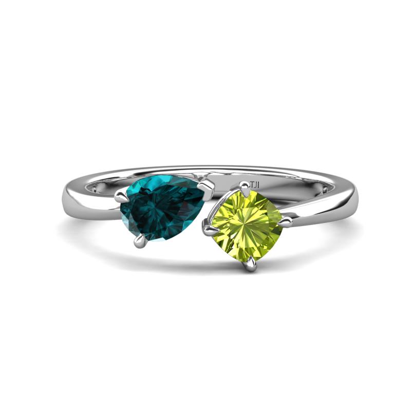 Lysha 1.50 ctw London Blue Topaz Pear Shape (7x5 mm) & Peridot Cushion Shape (5.00 mm) Toi Et Moi Engagement Ring 