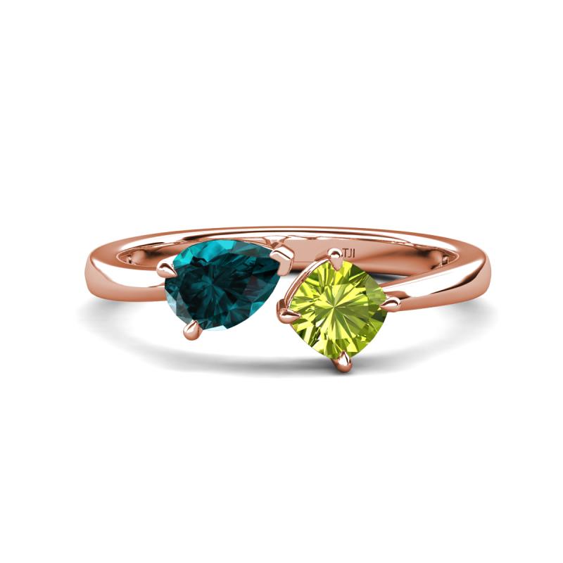 Lysha 1.50 ctw London Blue Topaz Pear Shape (7x5 mm) & Peridot Cushion Shape (5.00 mm) Toi Et Moi Engagement Ring 