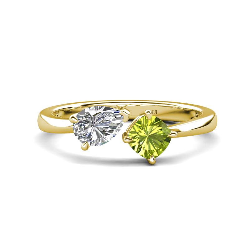 Lysha 1.50 ctw Moissanite Pear Shape (7x5 mm) & Peridot Cushion Shape (5.00 mm) Toi Et Moi Engagement Ring 