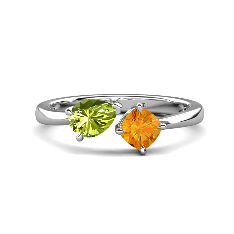 Lysha 1.30 ctw Peridot Pear Shape (7x5 mm) & Citrine Cushion Shape (5.00 mm) Toi Et Moi Engagement Ring 