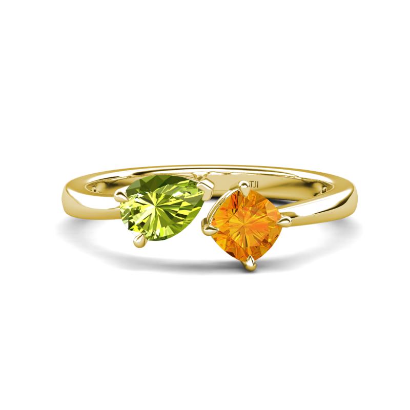 Lysha 1.30 ctw Peridot Pear Shape (7x5 mm) & Citrine Cushion Shape (5.00 mm) Toi Et Moi Engagement Ring 