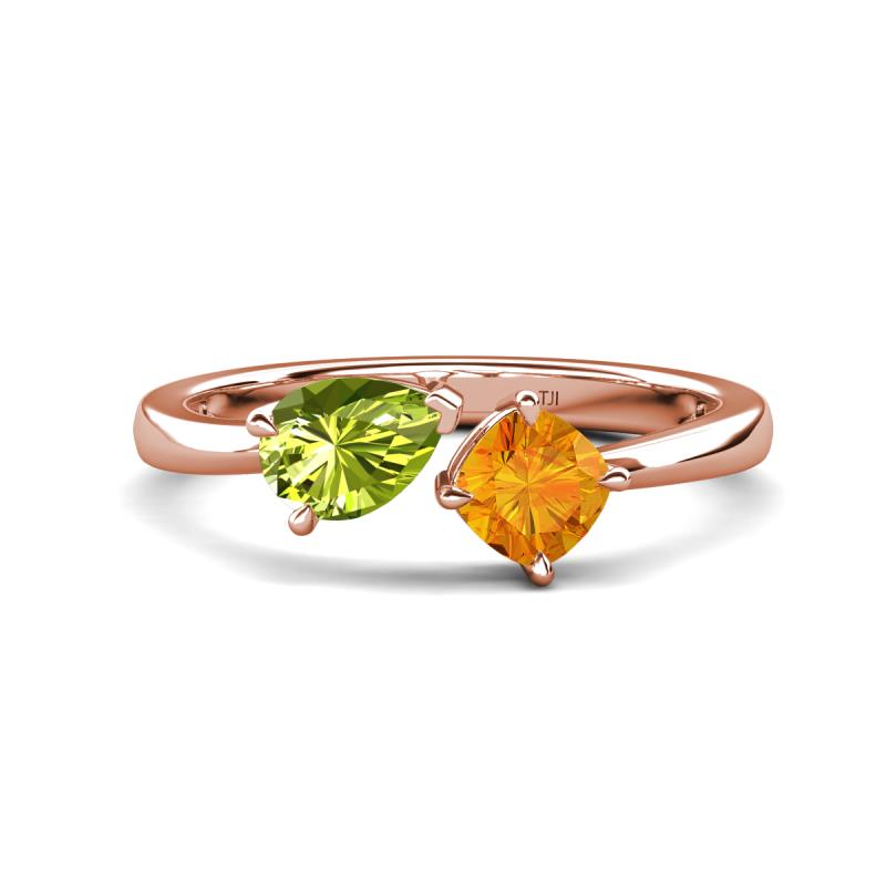 Lysha 1.30 ctw Peridot Pear Shape (7x5 mm) & Citrine Cushion Shape (5.00 mm) Toi Et Moi Engagement Ring 
