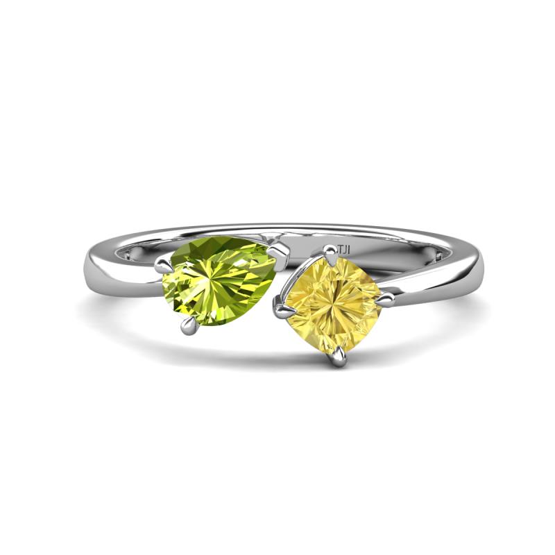 Lysha 1.61 ctw Peridot Pear Shape (7x5 mm) & Lab Created Yellow Sapphire Cushion Shape (5.00 mm) Toi Et Moi Engagement Ring 