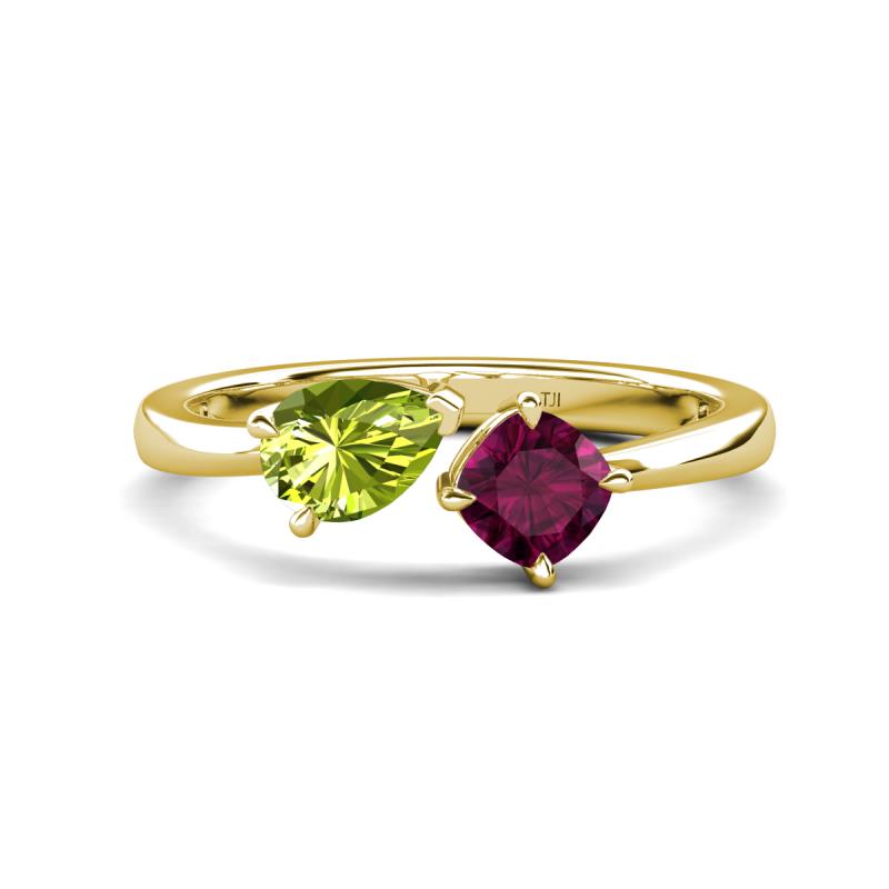 Lysha 1.42 ctw Peridot Pear Shape (7x5 mm) & Rhodolite Garnet Cushion Shape (5.00 mm) Toi Et Moi Engagement Ring 