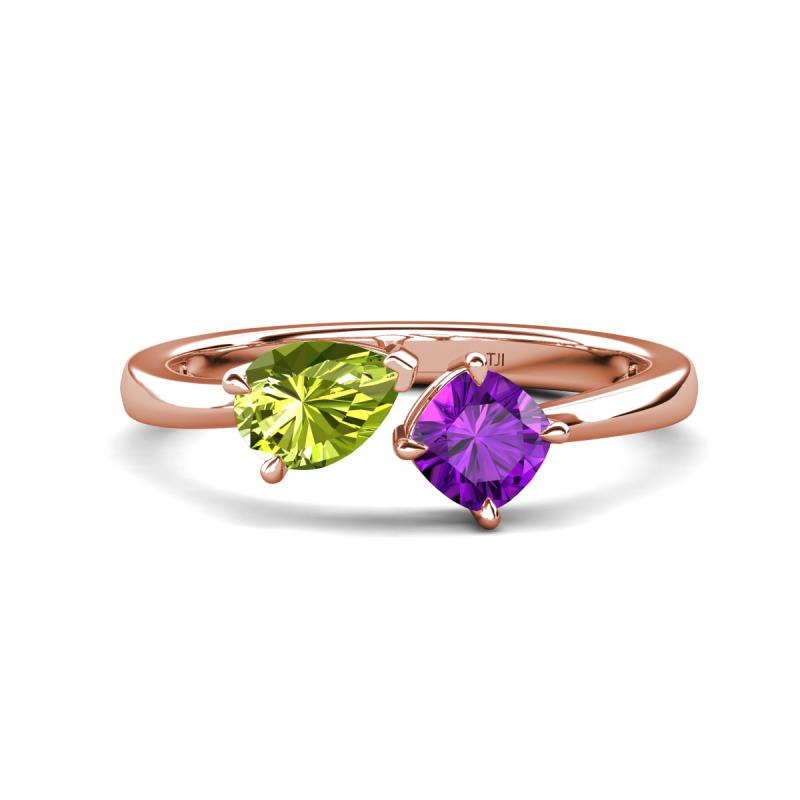 Lysha 1.30 ctw Peridot Pear Shape (7x5 mm) & Amethyst Cushion Shape (5.00 mm) Toi Et Moi Engagement Ring 
