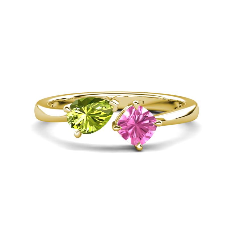 Lysha 1.61 ctw Peridot Pear Shape (7x5 mm) & Lab Created Pink Sapphire Cushion Shape (5.00 mm) Toi Et Moi Engagement Ring 