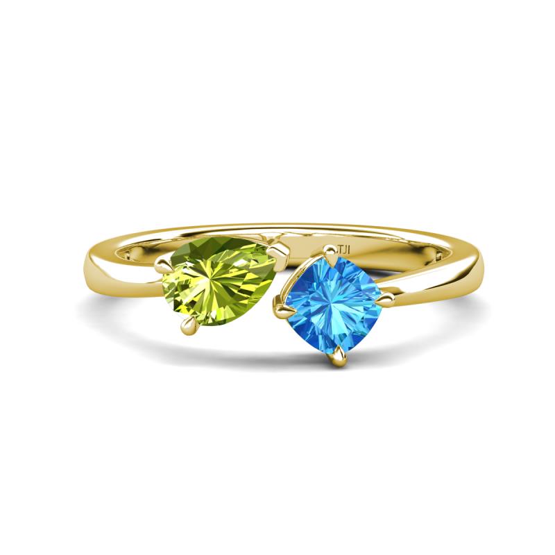 Lysha 1.55 ctw Peridot Pear Shape (7x5 mm) & Blue Topaz Cushion Shape (5.00 mm) Toi Et Moi Engagement Ring 