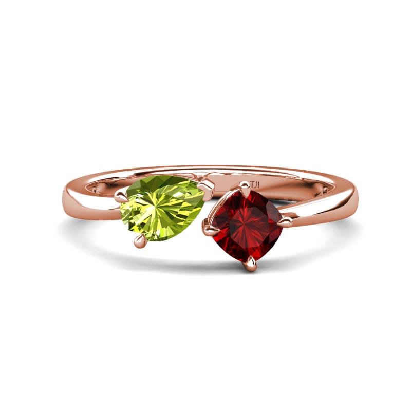 Lysha 1.55 ctw Peridot Pear Shape (7x5 mm) & Red Garnet Cushion Shape (5.00 mm) Toi Et Moi Engagement Ring 
