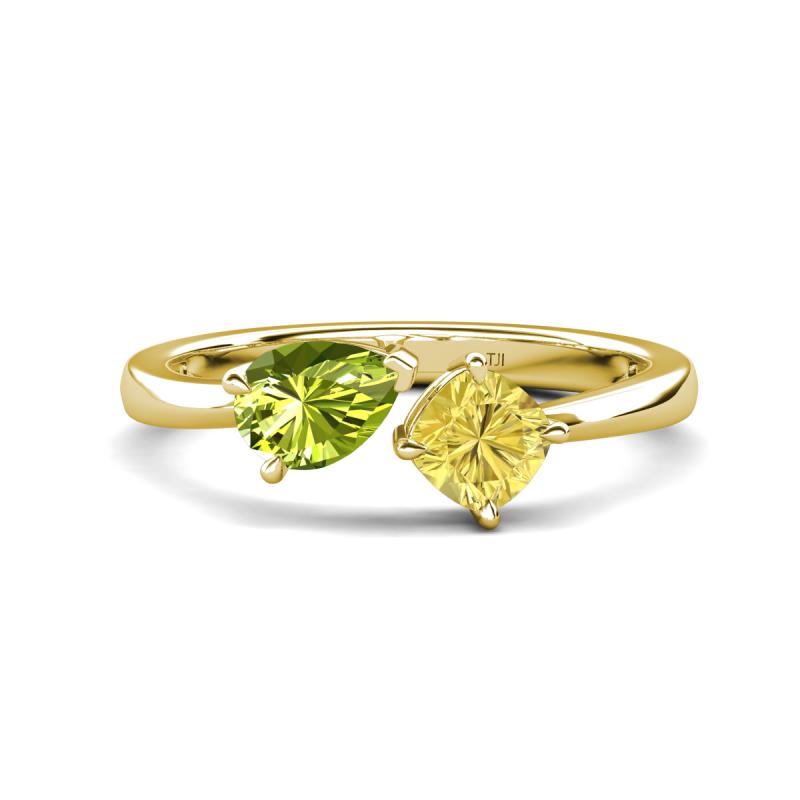 Lysha 1.61 ctw Peridot Pear Shape (7x5 mm) & Lab Created Yellow Sapphire Cushion Shape (5.00 mm) Toi Et Moi Engagement Ring 