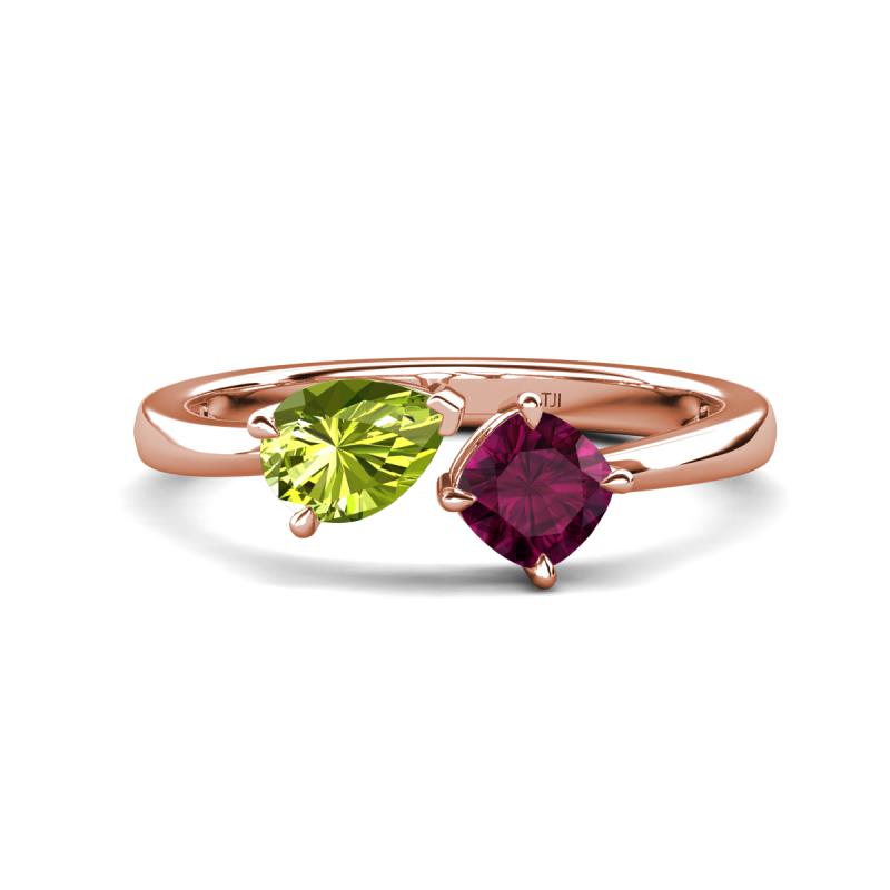 Lysha 1.42 ctw Peridot Pear Shape (7x5 mm) & Rhodolite Garnet Cushion Shape (5.00 mm) Toi Et Moi Engagement Ring 