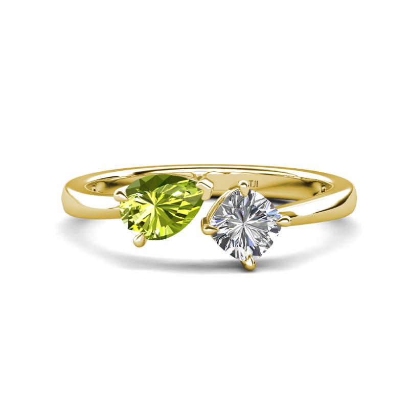 Lysha 1.30 ctw Peridot Pear Shape (7x5 mm) & Natural Diamond Cushion Shape (5.00 mm) Toi Et Moi Engagement Ring 