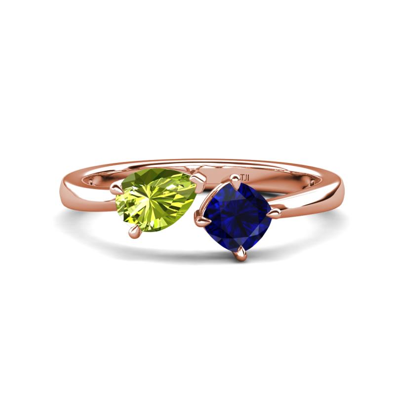 Lysha 1.61 ctw Peridot Pear Shape (7x5 mm) & Lab Created Blue Sapphire Cushion Shape (5.00 mm) Toi Et Moi Engagement Ring 
